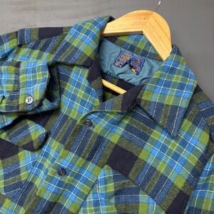 Pendleton Wool Plaid Flannel Loop Collar 60s Shirt Men's Medium Blue Green Black